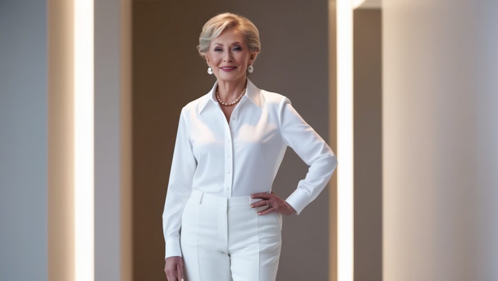 9 Wardrobe essentials for women over 60 Needs: A Review Leonardo Phoenix A fashionable older woman wearing a crisp whi 3